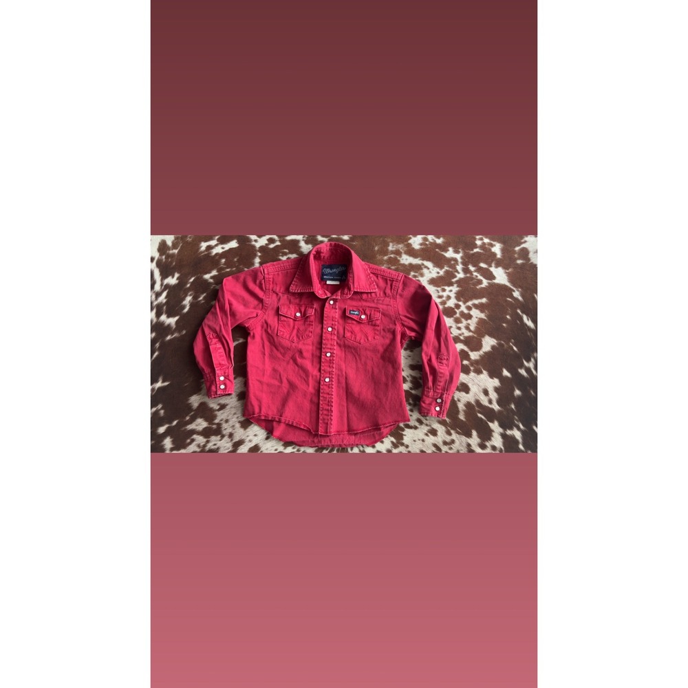 Wrangler Kids Red Western Snap Denim Shirt Long Sleeve Size S 5-6 Cowboy Cotton